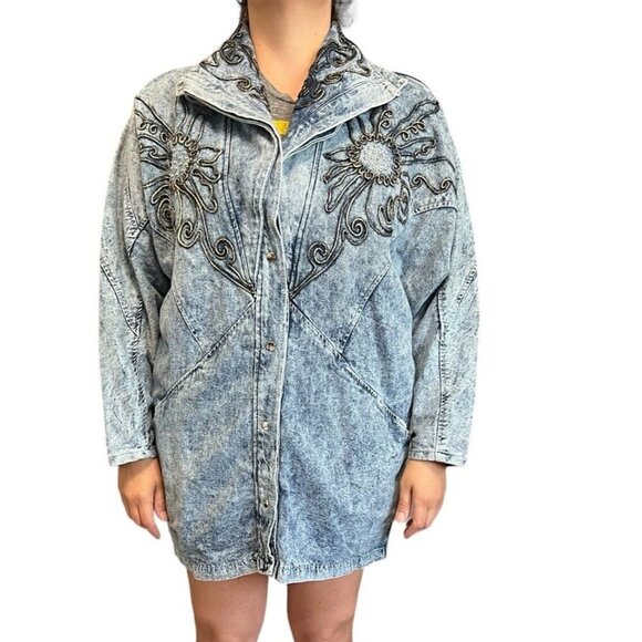 Vtg 80s Acid Washed Embellished Large Jean Jacket Streetwear Fly Oversize USA - Picture 2 of 16